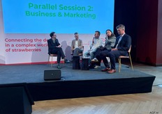 Michael Barker in a panel discussion with Jan Engelen (Coöperatie Hoogstraten), Tom Vanfraeyenhoven (Hashting Solutions), Marieke Appel (Driscoll's Europe) and Bart De Langhe (KU Leuven) on branding