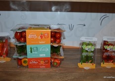 Close-up photo of Mucci's Veggies-to-Go snacking tomatoes, cucumbers and mini sweet peppers. Congrats on the award!