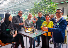 Time for a toast. Anna Beneens, Beneens architectural firm, with Ramon van der Kruis, Tom Peeters, Harry Struyf, SLS group, Michele van Naelten, and Jef Beneens, also from Beneens architectural firm