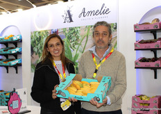 Juliana Romero García and Diego Felipe Gonzalez (Amelie Flowers & Fruits) with a box full of Curuba, an imported product from South America. Amelie imports produce from South America to Aalsmeer.
