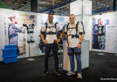 Exoskeletons! These are from Swiss company Auxivo and are shown by Joel Bonsafo and Felipe Jamarillo Arcila. The exoskeletons are already easing work in various sectors, and the company also sees potential in horticulture.