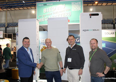 Atakan Bilecen (Sigenergy), Stefan Oussoren (Roots), Willem Verwoerd (Aquasol Solar) and Pascal Lakerveld (Samax). An energy storage system will be installed at grower Roots this spring.