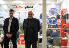 Franco Conti and Marco Parronchi at the Arnoplast booth: accessories for hail nets.