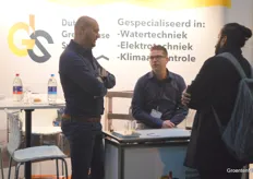 Dutch Greenhouse Systems is new in the market for water technology, electrical engineering, and climate control. We met Marco van 't Hart and Bas van Mil at the fair, here talking to a fair visitor.