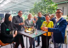 Time for a toast. Anna Beneens, Beneens architectural firm, with Ramon van der Kruis, Tom Peeters, Harry Struyf, SLS group, Michele van Naelten, and Jef Beneens, also from Beneens architectural firm