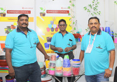 C. Murugan, B.V. Satyanarayana and R.V. Ramava Rao of Solar Compact, A Saro Group, display paddy trays and nursery pots.