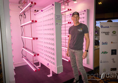 Whit Allen, Spectragrow, shows the Spectragrow lights in the Harvest Today installation