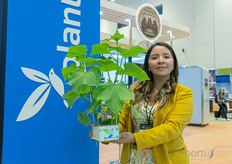 Sandra Pineda, with a cucumber plant she made at Plantanova.
