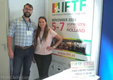 Jasper van Dijk, trade exhibitions organisor of HPP Exhibitions, just returned from Iftex in Kenya. At GreenTech he promotes IFTF, which will take place in Aalsmeer from 5 ‘till 7 November. On the photo with colleague Patricia Peláez.
