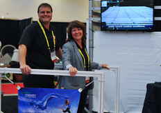 Craig Riesebosch and Colleen Devoe of Westland on a Novavert display unit. The strongest retractable roof screening installation.