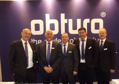 "Gerard van Dieën, Dick Verweij, Raymond van Ispelen, André Braam and Thomas Loy of Van der Knaap in front of the Obturo-banner. Dick: "Obturo is a plant plug that can be composed entirely according to your own wishes."