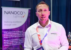 Steve Reinhard of Nanoco, a manufacturer of LED lighting that incorporates a special nanomaterial film which claims to optimize the light distribution and energy efficiency of the LEDs.