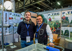 Mauro Sala and Michele Pavano of gutter manufacturer P-TRE. They presented new systems for France's strawberry industry, such as gutter systems and harvesting trolleys.
