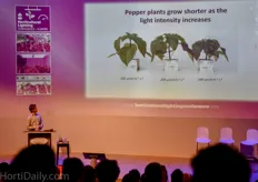 "Davies showed how difficult it is to determine the right lighting strategies for several crops. Bell pepper plants for example, the holy grail for year round LED lit production to many commercial greenhouse growers, are very difficult to grow with supplemental lights. As well as this he explained the effect of blue and red ratios in several crops and the effect of far red in cucumber young plants, and how to translate all this knowledge to practice. He stressed out that in this process, it is important to look at more factors than just lighting. "Do not ignore other things like CO2, media, temperature, its about the complete picture, and not just the light factor."