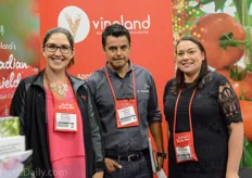 Shelby VandenEnden of Vineland Research and Innovantion Centre welcomes Alex de Leon of Hoogendoorn and Rachelle Cole of G&V Greenhouse Solutions at her booth.