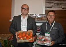 Max Mastronardi and Ken Green show club packs of Westmoreland-TopLine Farms organic tomato program.