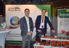 Steven Osterloo and Marcel Suiker from Flevo Berry, giving visitors the opportunity to see and taste their Sonsation strawberries at their stand.