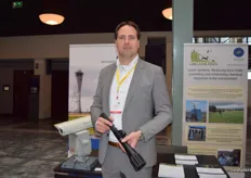 Imre Knol, displaying the lasers used for scaring off birds at the Bird Control Group stand.