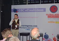 Jamie Smith from James Hutton Ltd sharing new berry varieties at the FreshIdeas podium.