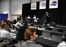 The morning session on stage one was about how to select crops for indoor farms. Speaking is Jim Pantaleo, vice president of global sales & marketing, Oasis Biotech