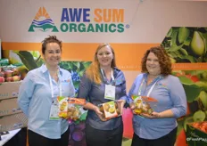 Sara Pettit, Jodi Carkner and Kellie Starback with Awe Sum Organics show Zespri's organic SunGold kiwifruit. It comes in a 1 lb. clam shell as well as a 1 lb. pouch bag.