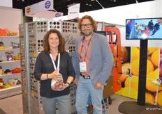 Marsha Verwiebe with Volm Companies and Wim van der Meulen with Jasa Packaging proudly stand in front of the VP350 pouch bagger. The machine offers bagging options for many different bag styles and won the Innovation Award for Best New Packing/Processing Equipment.
