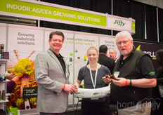 Don Willis, Dana Lucas and Mike Cade show the various Jiffy growing solutions