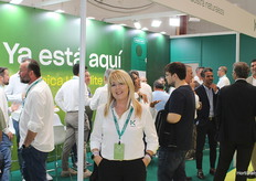 Raquel García smiles at the Koppert stand, which presented new strategies for effective biological control of Thrips parvispinus at ExpoLevante.