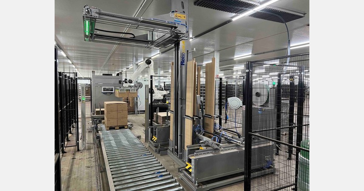 Strapping machine installed in automatic packaging line
