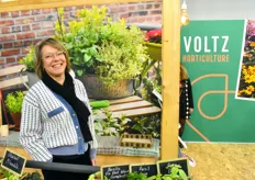 Mireille Rucart on the stand of Voltz Horticulture, producers of young plants specializing in flowers, bedding plants and perennials. The company bought the André Briand nurseries (70ha of production)
