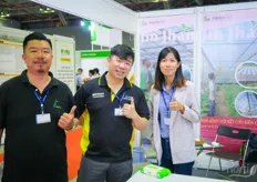 Jin Jhan Greenhouse Project from Taiwan is a greenhouse construction company. To the left is Bruce Hong, International Sales. In the middle is Kelvin Chu from InfoTrade Media.