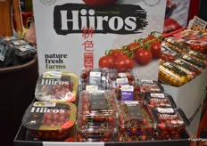 Display of Hiiros tomatoes in the Nature Fresh Farms booth. Hiiros is a cherry tomato on the vine with a umami flavor. 